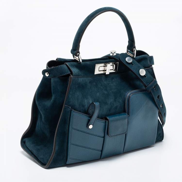 Pre Owned Fendi Blue Leather And Suede Medium Peekaboo Top Handle Bag