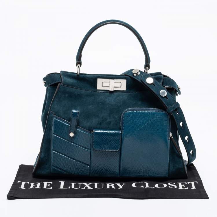 Pre Owned Fendi Blue Leather And Suede Medium Peekaboo Top Handle Bag