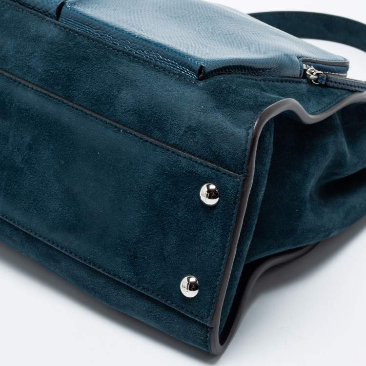 Pre Owned Fendi Blue Leather And Suede Medium Peekaboo Top Handle Bag