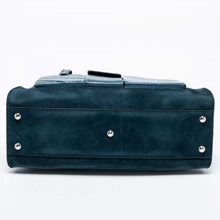 Pre Owned Fendi Blue Leather And Suede Medium Peekaboo Top Handle Bag