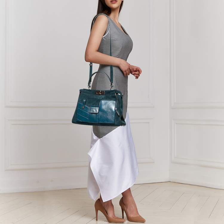 Pre Owned Fendi Blue Leather And Suede Medium Peekaboo Top Handle Bag