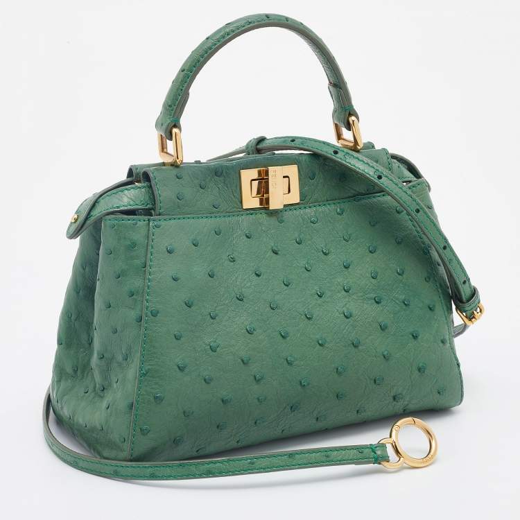 مملوكة مسبقًا Fendi Green Ostrich Leather Mini Peekaboo Top Handle Bag
