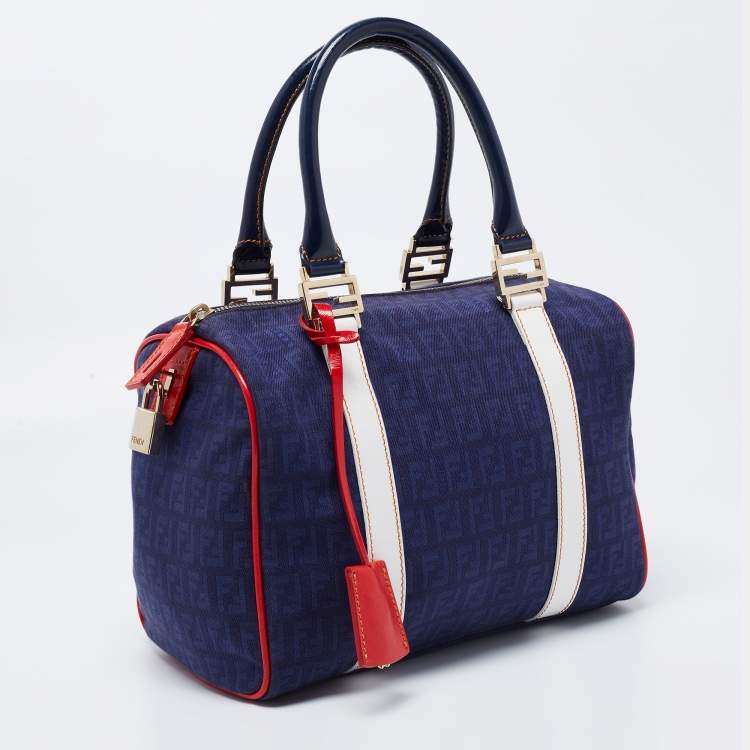 Pre Owned Fendi Multicolor Zucchino Canvas and Patent Leather Small Forever Bauletto Boston Bag
