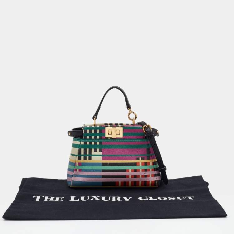 Pre Owned Fendi Multicolor Stripe Print Leather Micro Peekaboo Top Handle Bag