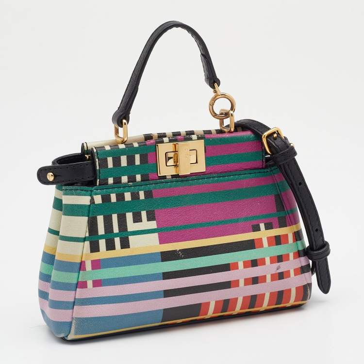 Pre Owned Fendi Multicolor Stripe Print Leather Micro Peekaboo Top Handle Bag