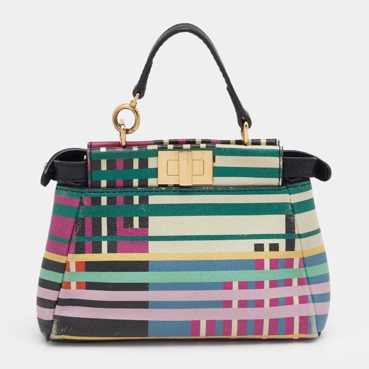 Pre Owned Fendi Multicolor Stripe Print Leather Micro Peekaboo Top Handle Bag