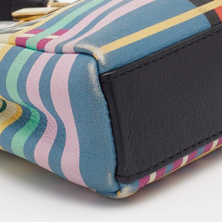 Pre Owned Fendi Multicolor Stripe Print Leather Micro Peekaboo Top Handle Bag