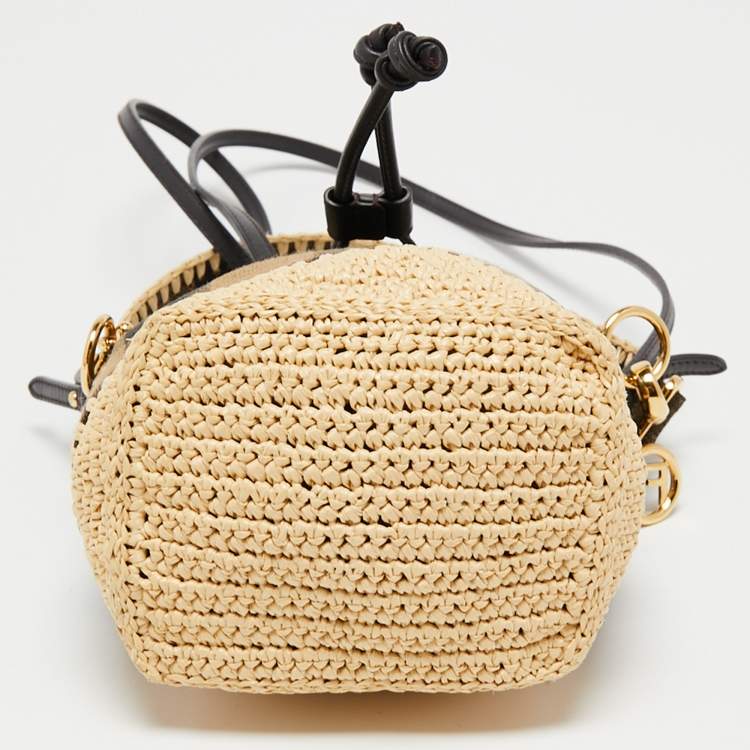 Pre Owned Fendi Beige/Black Pequin Raffia And Canvas FF Mini Mon Tresor Drawstring Bucket Bag