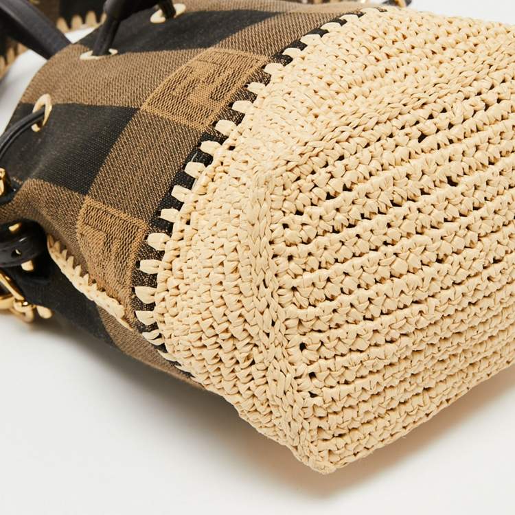 Pre Owned Fendi Beige/Black Pequin Raffia And Canvas FF Mini Mon Tresor Drawstring Bucket Bag
