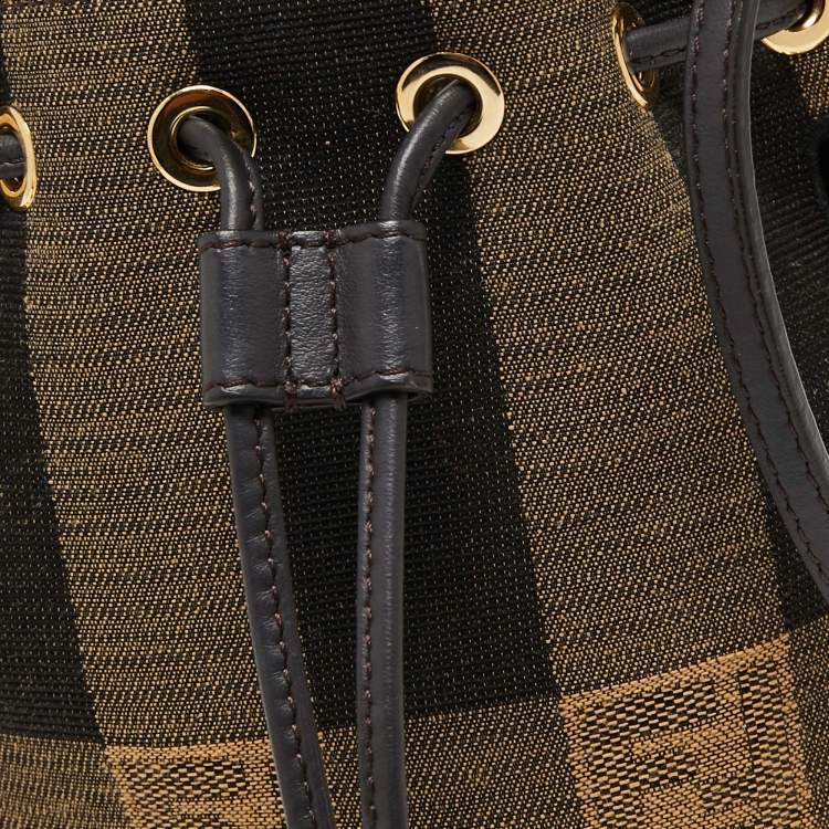 Pre Owned Fendi Beige/Black Pequin Raffia And Canvas FF Mini Mon Tresor Drawstring Bucket Bag