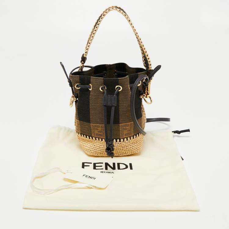 Pre Owned Fendi Beige/Black Pequin Raffia And Canvas FF Mini Mon Tresor Drawstring Bucket Bag