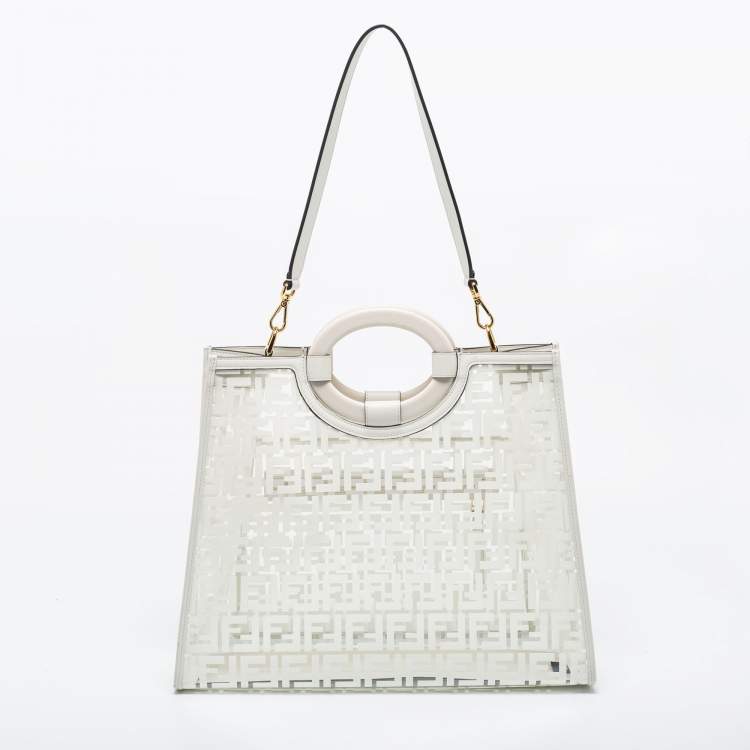 Pre Owned Fendi White Zucca PVC and Leather Runaway Shopper Tote