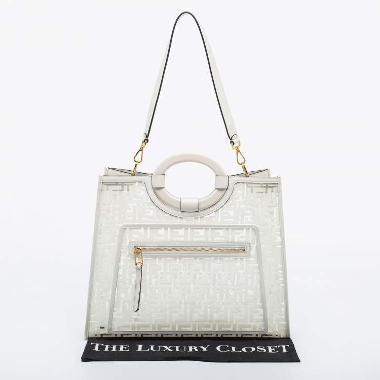 Pre Owned Fendi White Zucca PVC and Leather Runaway Shopper Tote