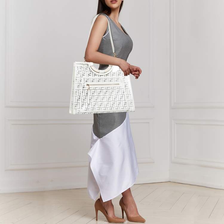 Pre Owned Fendi White Zucca PVC and Leather Runaway Shopper Tote