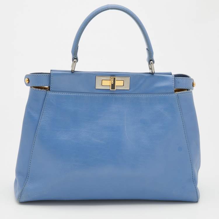 Pre Owned Fendi Blue Leather Medium Peekaboo Top Handle Bag