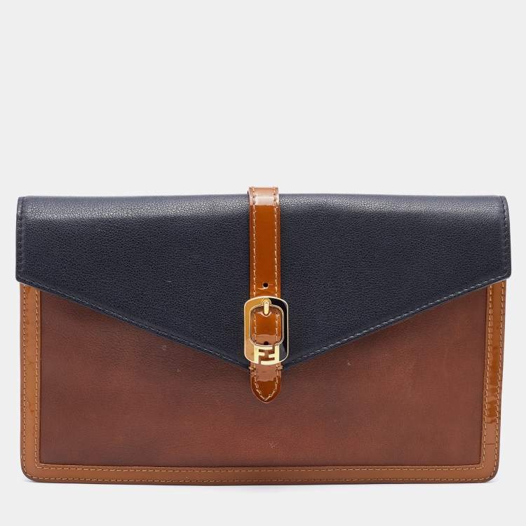 Pre Owned Fendi Black/Brown Leather and Patent Leather Trim Fendista Envelope Clutch