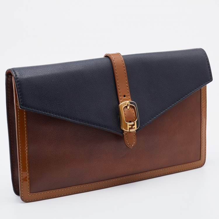 Pre Owned Fendi Black/Brown Leather and Patent Leather Trim Fendista Envelope Clutch