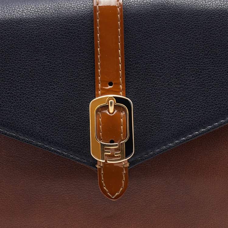 Pre Owned Fendi Black/Brown Leather and Patent Leather Trim Fendista Envelope Clutch