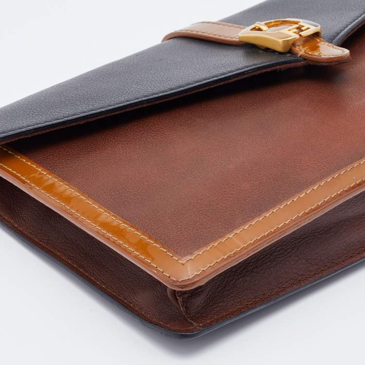 Pre Owned Fendi Black/Brown Leather and Patent Leather Trim Fendista Envelope Clutch