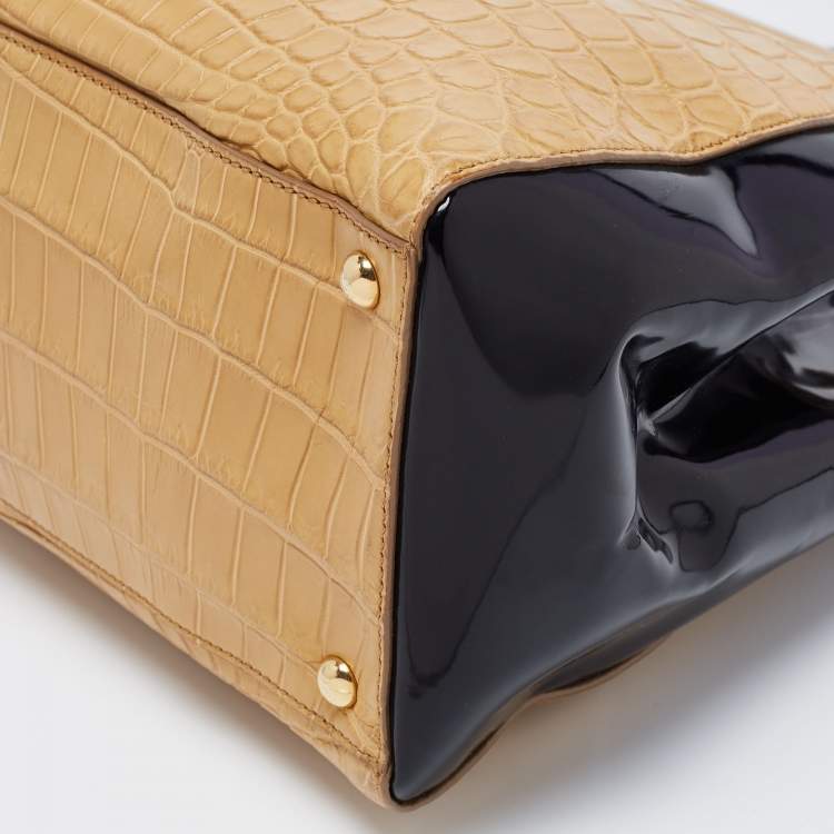 Pre Owned Fendi Beige/Black Crocodile and Patent Leather Medium 2Jours Tote
