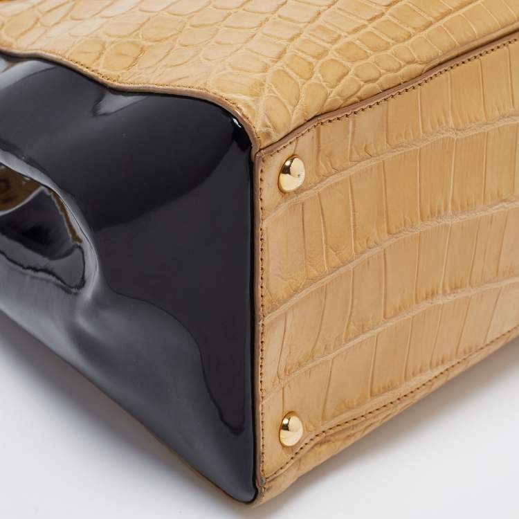 Pre Owned Fendi Beige/Black Crocodile and Patent Leather Medium 2Jours Tote
