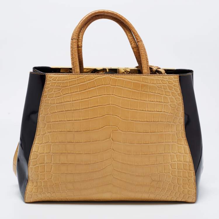 Pre Owned Fendi Beige/Black Crocodile and Patent Leather Medium 2Jours Tote