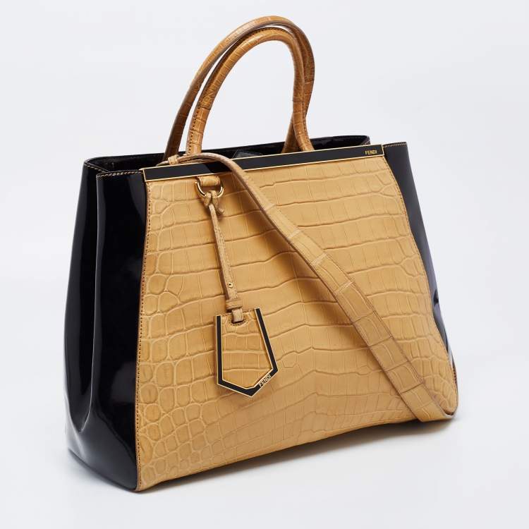 Pre Owned Fendi Beige/Black Crocodile and Patent Leather Medium 2Jours Tote