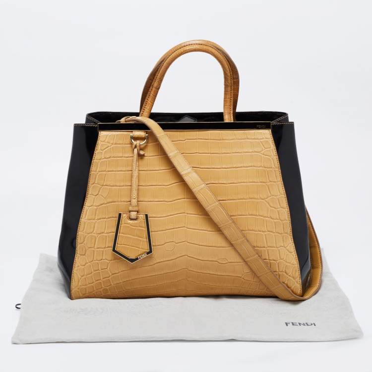 Pre Owned Fendi Beige/Black Crocodile and Patent Leather Medium 2Jours Tote