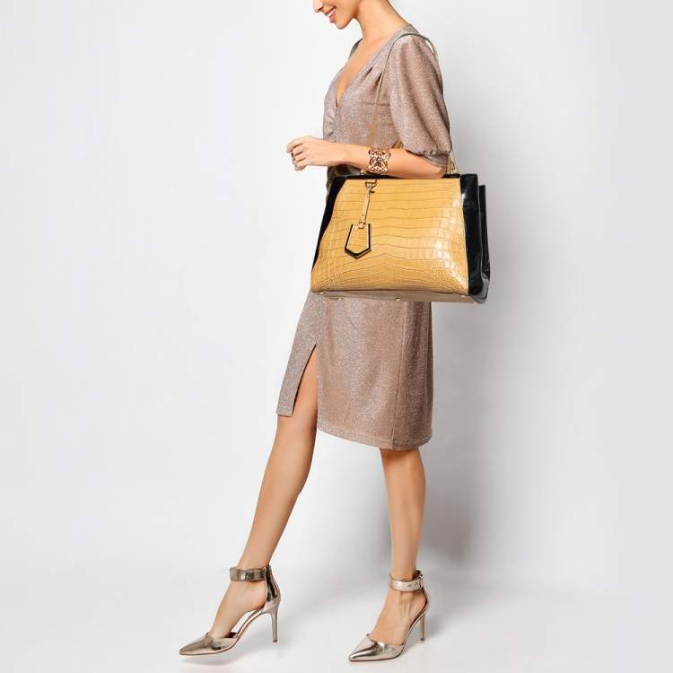 Pre Owned Fendi Beige/Black Crocodile and Patent Leather Medium 2Jours Tote