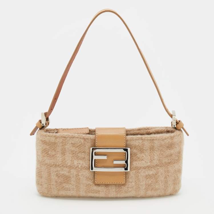 Pre Owned Fendi Beige Zucca Wool and Leather Baguette