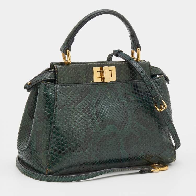 Pre Owned Fendi Green Python Mini Peekaboo Top Handle Bag