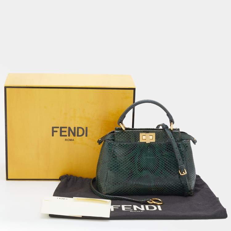 Pre Owned Fendi Green Python Mini Peekaboo Top Handle Bag