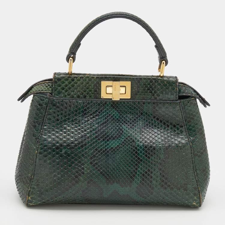 Pre Owned Fendi Green Python Mini Peekaboo Top Handle Bag