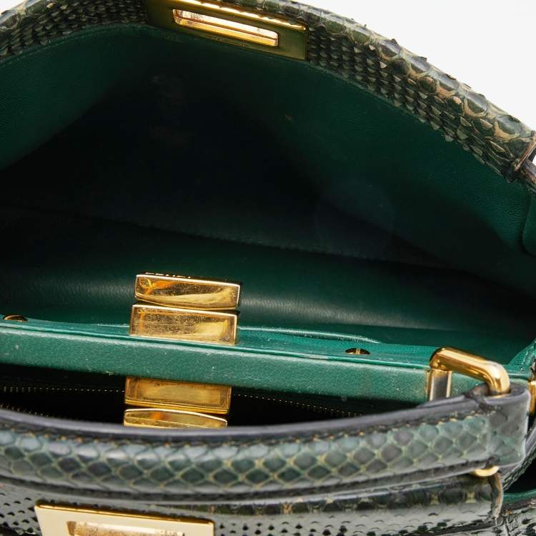 Pre Owned Fendi Green Python Mini Peekaboo Top Handle Bag