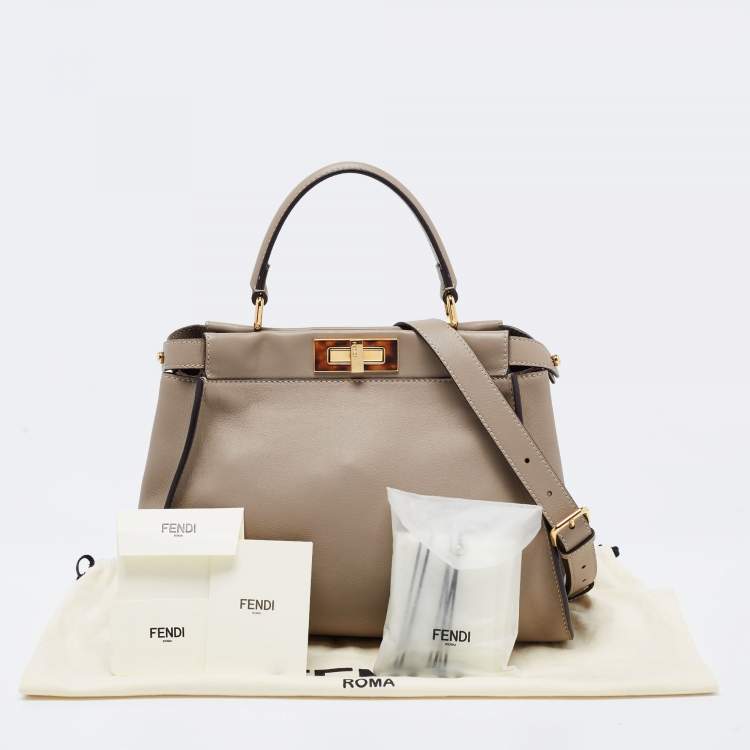 Pre Owned Fendi Beige Leather Peekaboo Medium Top Handle Bag