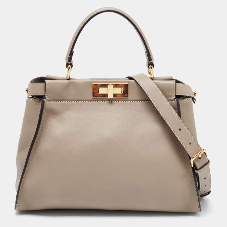 Pre Owned Fendi Beige Leather Peekaboo Medium Top Handle Bag
