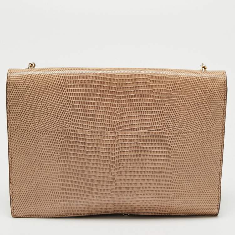 Pre Owned Fendi Beige Lizard Embossed Leather Wallet On Chain