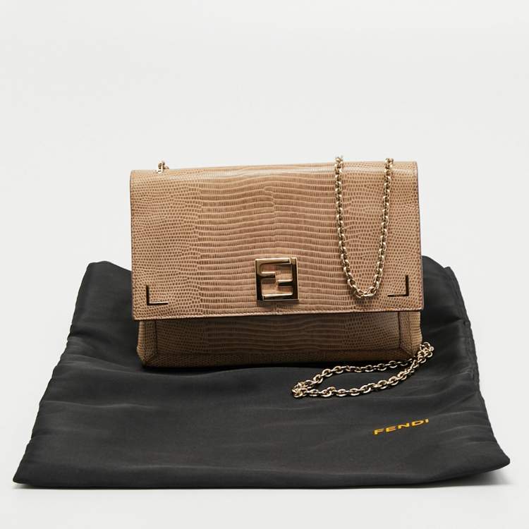 Pre Owned Fendi Beige Lizard Embossed Leather Wallet On Chain