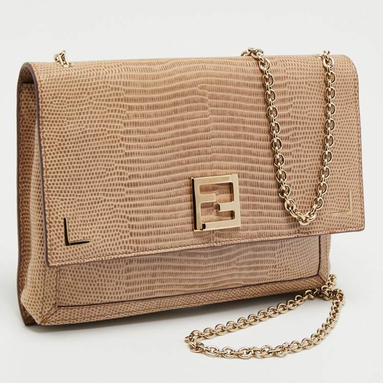Pre Owned Fendi Beige Lizard Embossed Leather Wallet On Chain
