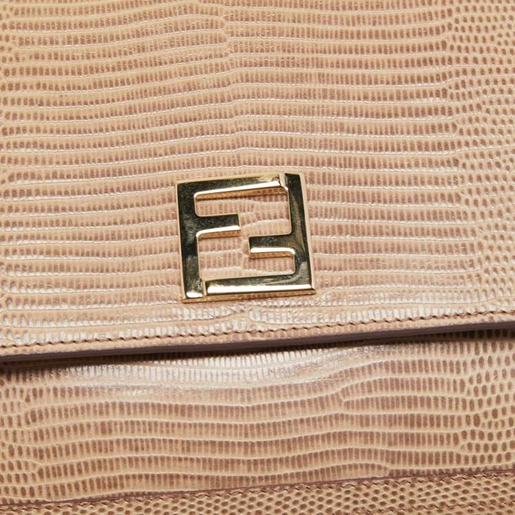 Pre Owned Fendi Beige Lizard Embossed Leather Wallet On Chain