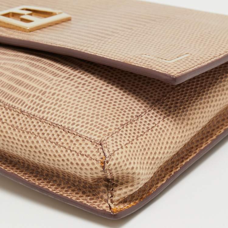 Pre Owned Fendi Beige Lizard Embossed Leather Wallet On Chain