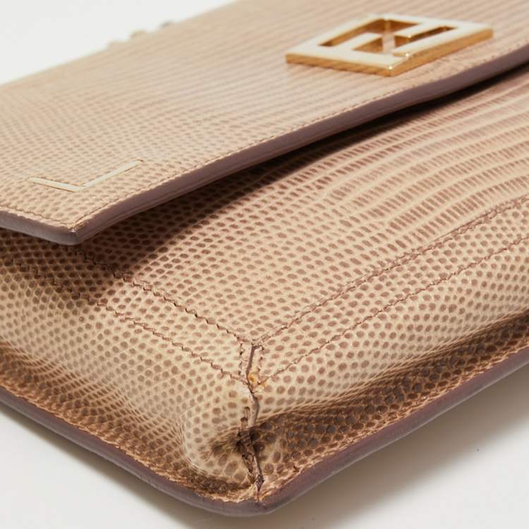 Pre Owned Fendi Beige Lizard Embossed Leather Wallet On Chain