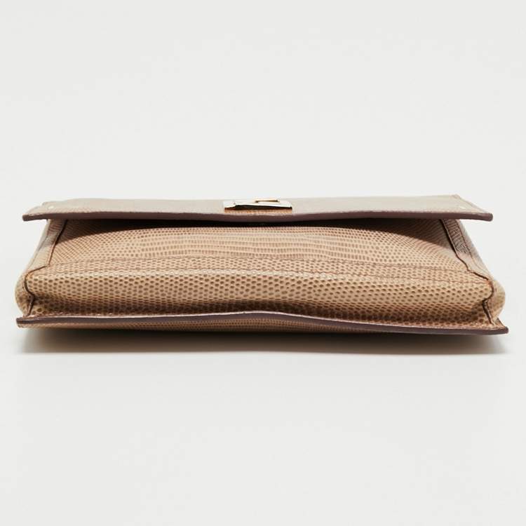 Pre Owned Fendi Beige Lizard Embossed Leather Wallet On Chain