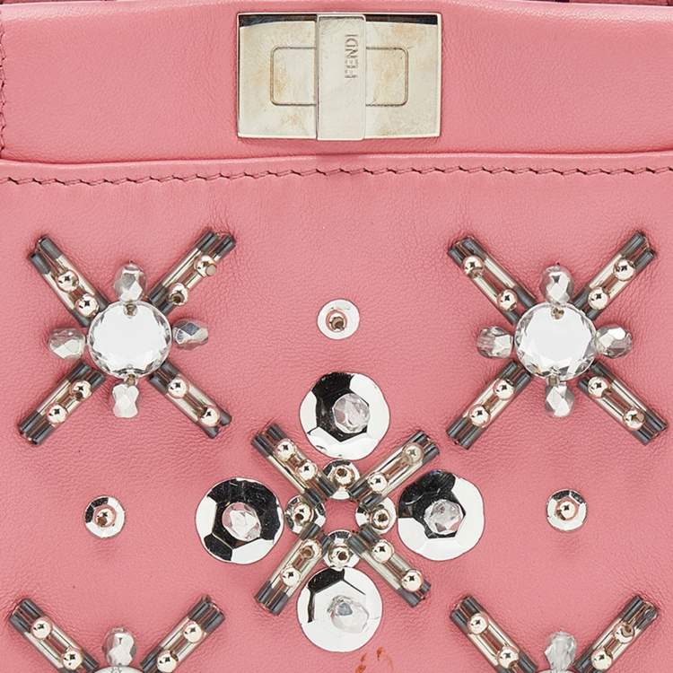 Pre Owned Fendi Pink Leather Crystal Embellished Micro Peekaboo Top Handle Bag