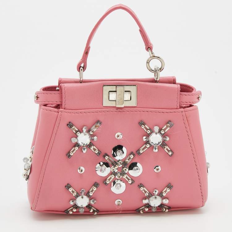 Pre Owned Fendi Pink Leather Crystal Embellished Micro Peekaboo Top Handle Bag