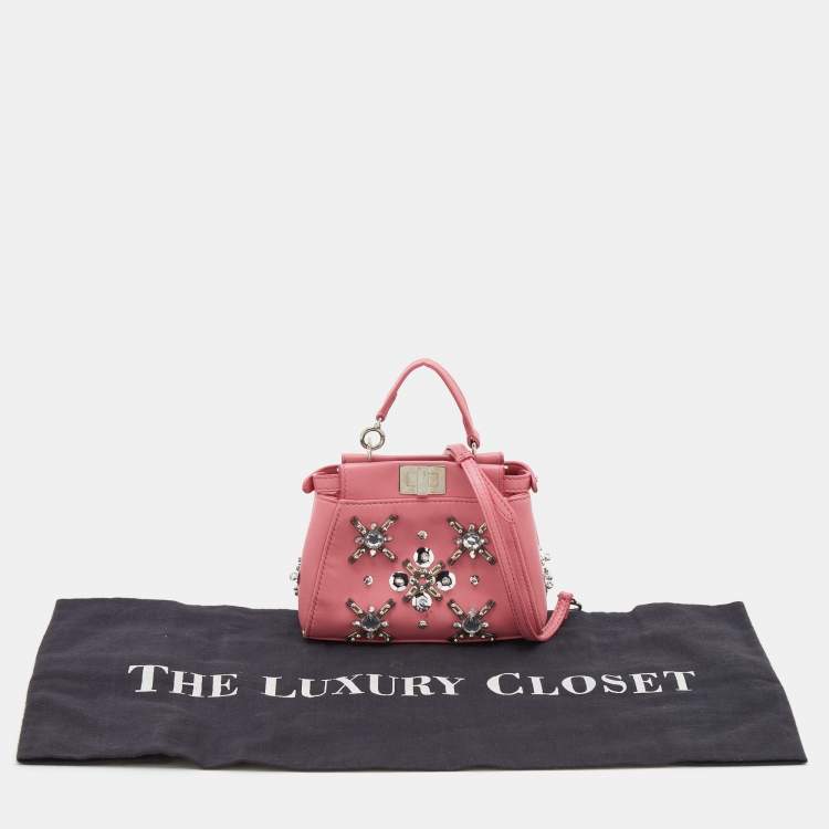 Pre Owned Fendi Pink Leather Crystal Embellished Micro Peekaboo Top Handle Bag