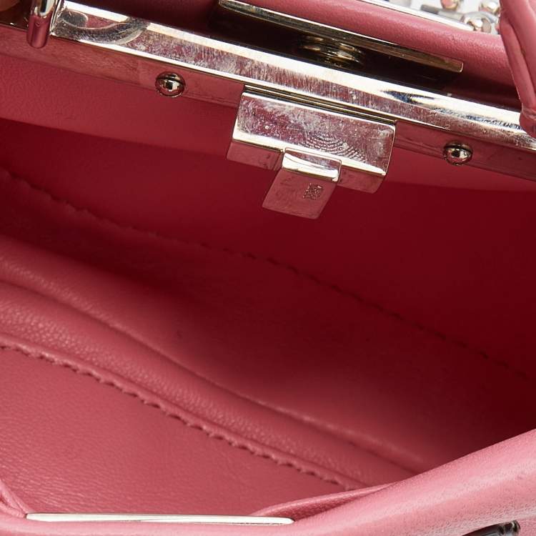 Pre Owned Fendi Pink Leather Crystal Embellished Micro Peekaboo Top Handle Bag