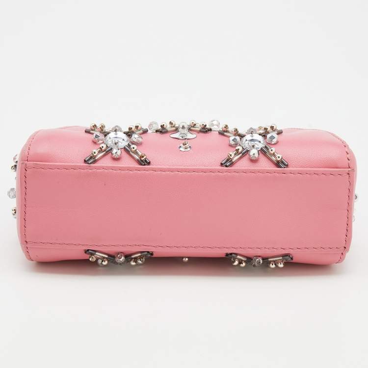 Pre Owned Fendi Pink Leather Crystal Embellished Micro Peekaboo Top Handle Bag