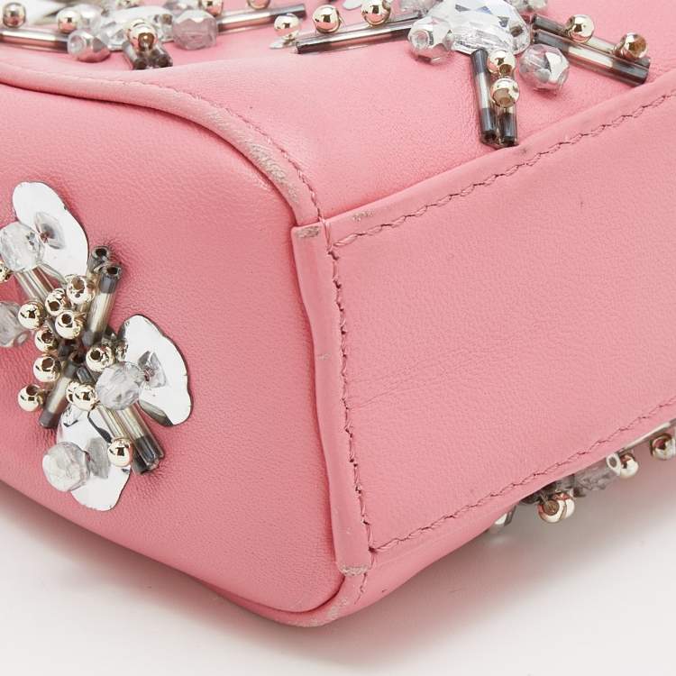 Pre Owned Fendi Pink Leather Crystal Embellished Micro Peekaboo Top Handle Bag