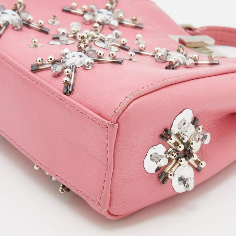 Pre Owned Fendi Pink Leather Crystal Embellished Micro Peekaboo Top Handle Bag